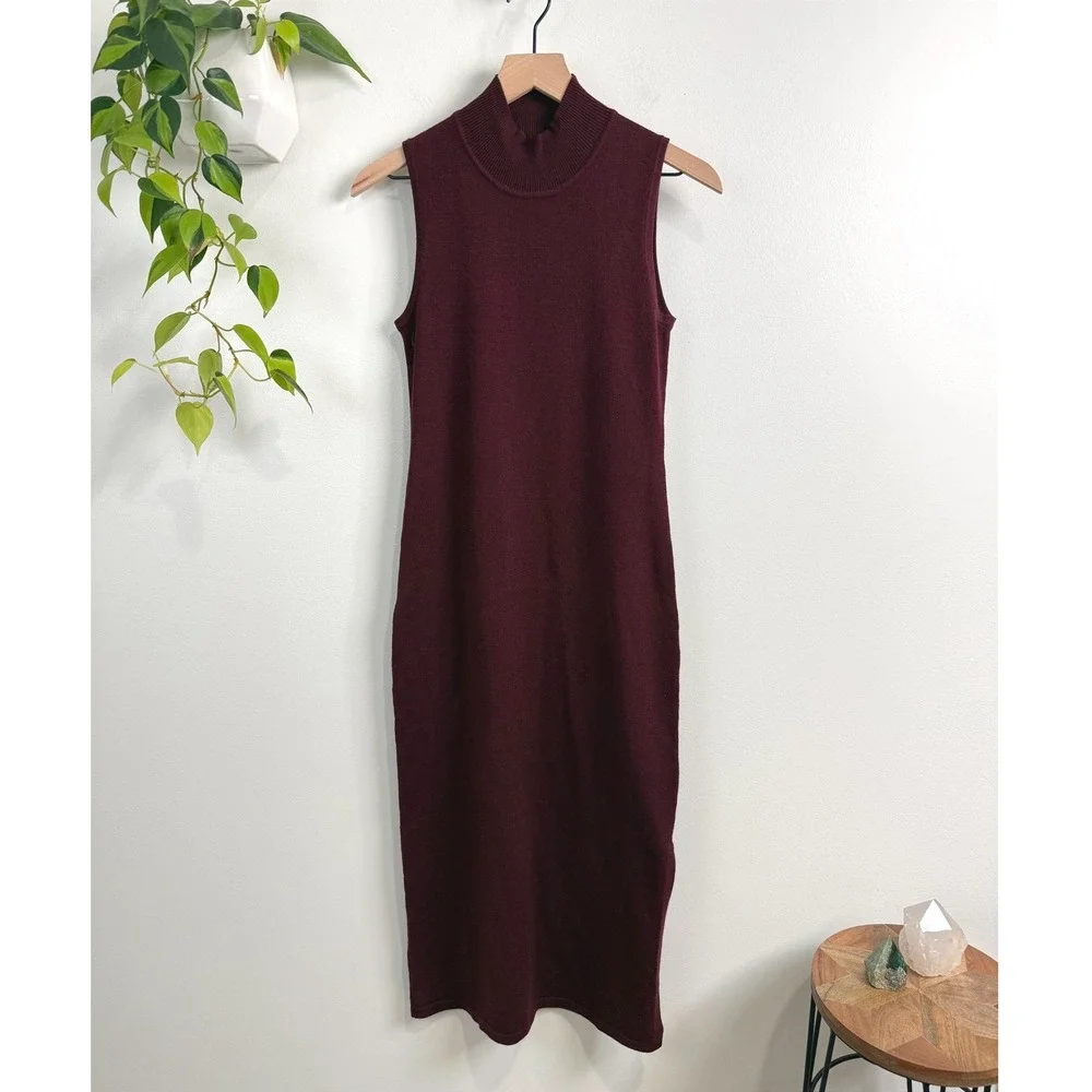 Gilli Womens Burgundy Mock Neck Sleeveless Knit Midi Sweater Dress S Side Slit
